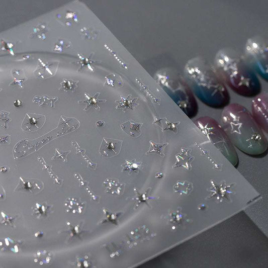 Moon And Star With Diamond Nail Decal, Diamond Nails Art Stickers, Embossed Nail Stickers (443） - TensorNailArt