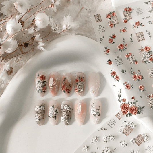 5D Red & White Rose Nail Art Stickers, Flowers Nails Decals (88) - TensorNailArt