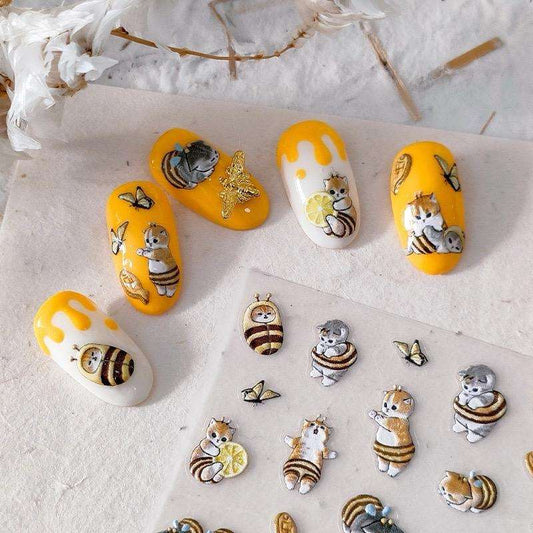 5D Bee-Cat Nail Stickers, Cartoon Nail Decals,  Embossed Nail Decal Art (79)