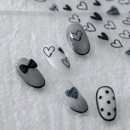 Black Heart Nail Art Stickers, Black Hollow Heart Nail Art Decals (459) - TensorNailArt