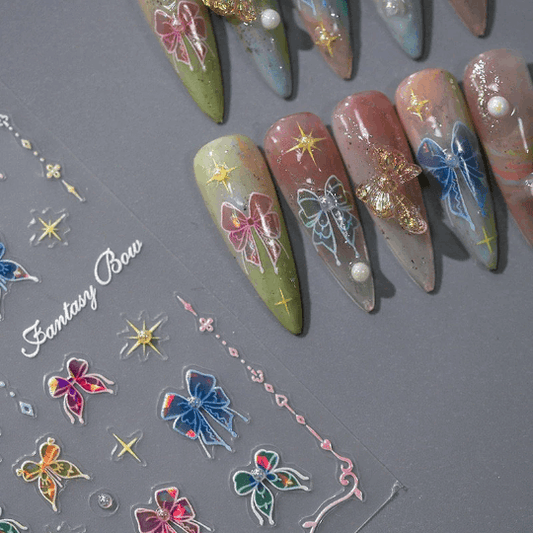 Colorful Bow Nail Stickers, Pearls Nail Decals, Nails Art Stickers, Embossed (371) - TensorNailArt