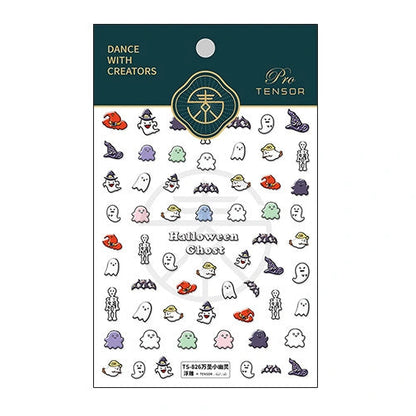 Colorful ghost nail stickers with witch hats and spiderwebs for Halloween nail art