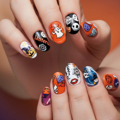 Colorful ghost nail stickers with witch hats and spiderwebs for Halloween nail art