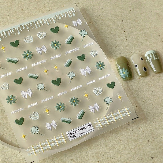 Green Daisy Nail Art Stickers with Heart & Bow (432) - TensorNailArt