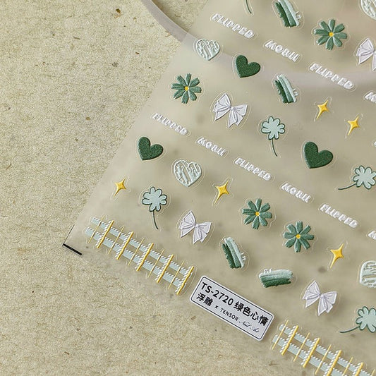 Green Daisy Nail Art Stickers with Heart & Bow (432) - TensorNailArt