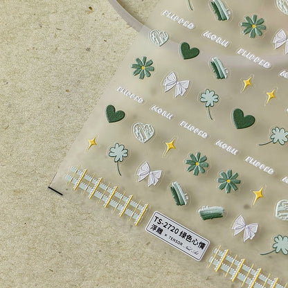 Green Daisy Nail Art Stickers with Heart & Bow (432) - TensorNailArt