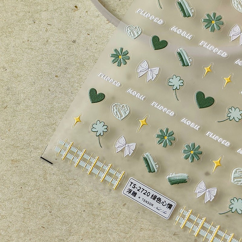 Green Daisy Nail Art Stickers with Heart & Bow (432) - TensorNailArt