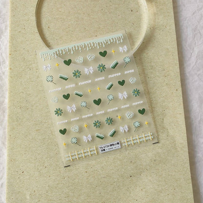 Green Daisy Nail Art Stickers with Heart & Bow (432) - TensorNailArt