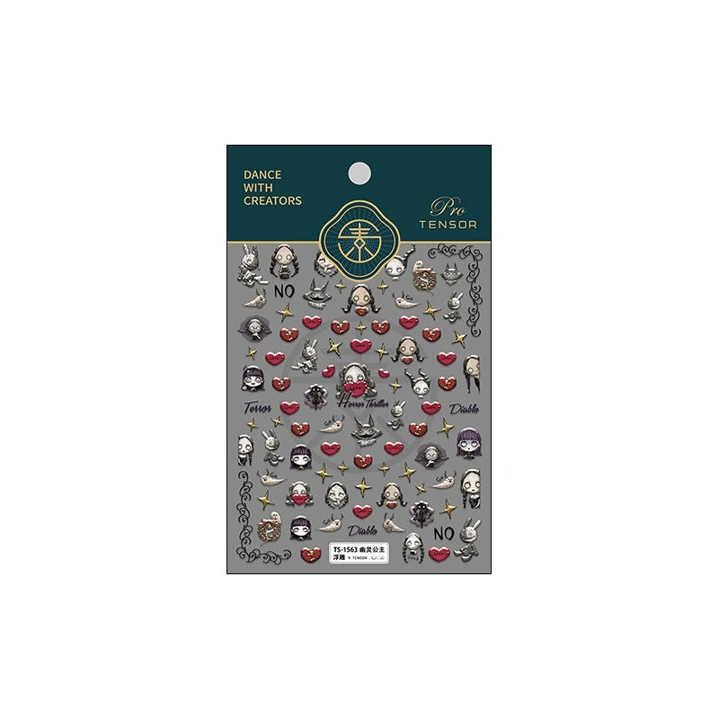 dark gothic nail art stickers, containing grotesque cartoon characters, red hearts, golden stars, and the words "Terror" and "Diablo", with an overall mysterious and grotesque style