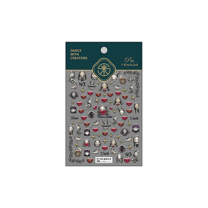 dark gothic nail art stickers, containing grotesque cartoon characters, red hearts, golden stars, and the words "Terror" and "Diablo", with an overall mysterious and grotesque style