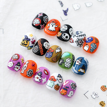 Halloween nail stickers with ghosts, pumpkins, skulls and witch hats – cute cartoon nail art decals