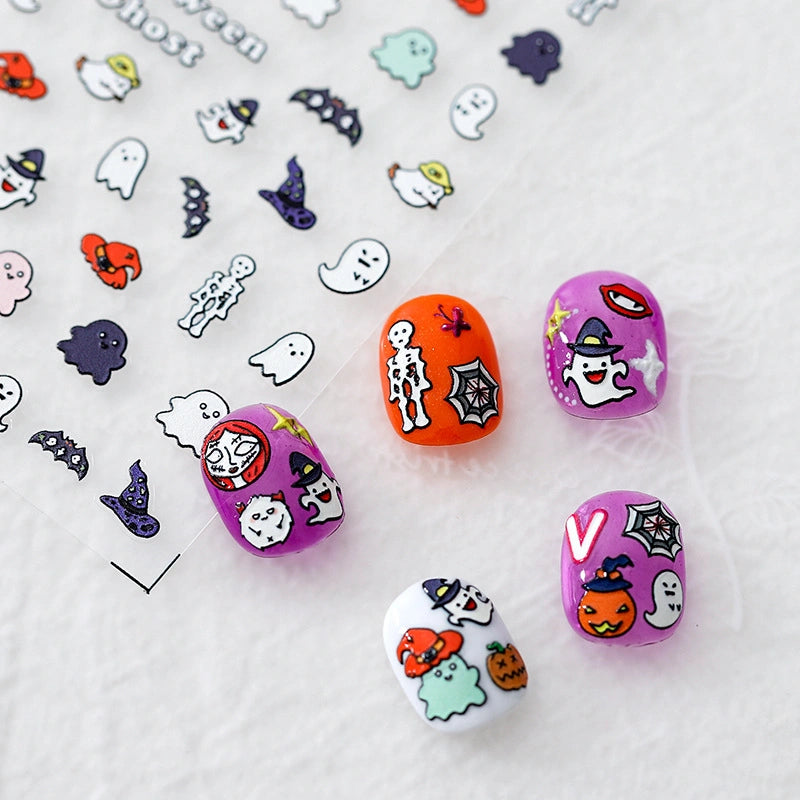 Happy Halloween nail decals featuring ghosts, pumpkins and black cats