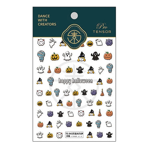 Happy Halloween nail decals featuring ghosts, pumpkins and black cats