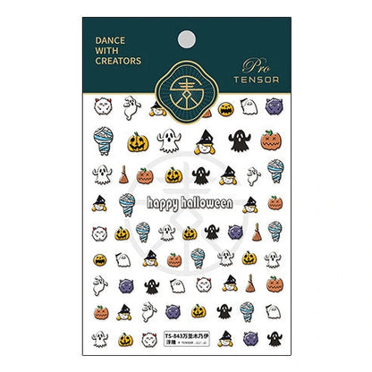 Happy Halloween nail decals featuring ghosts, pumpkins and black cats