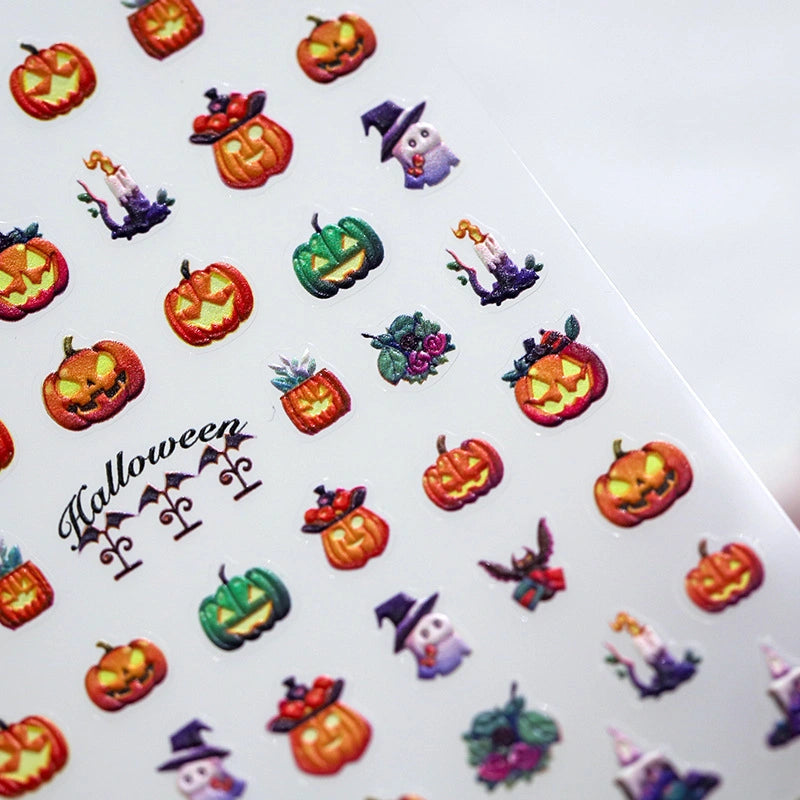 Kawaii Halloween nail stickers with cute pumpkins, ghosts, and bats for fun spooky nails.