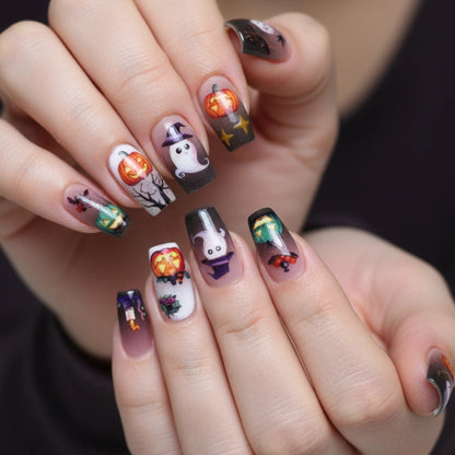 Pumpkin and Ghost Halloween Nail Stickers with Witch Hats and Bats – 3D Embossed Cartoon Nail Art Decals for Festive Manicures