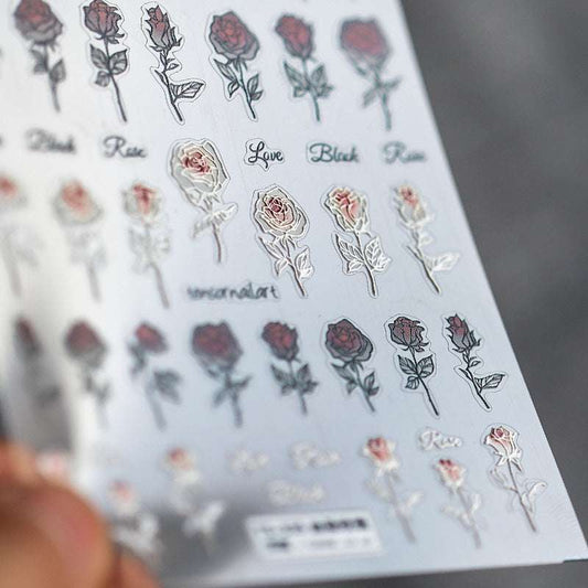 5D Rose Nail Stickers, Black And White Rose Nail Decals (59) - TensorNailArt