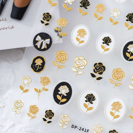 5D Gold Rose Nail Stickers, Bear Nail Decals, Flowers Embossed Nail Art Stickers (76)