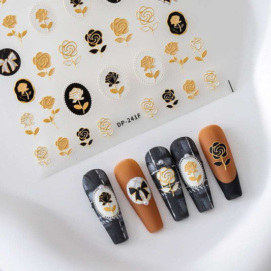 5D Gold Rose Nail Stickers, Bear Nail Decals, Flowers Embossed Nail Art Stickers (76)