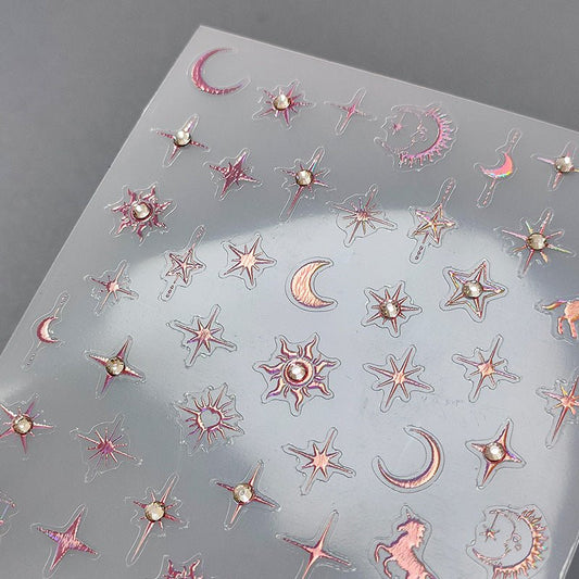 Star & Moon with Rhinestone Nail Art Stickers (444) - TensorNailArt