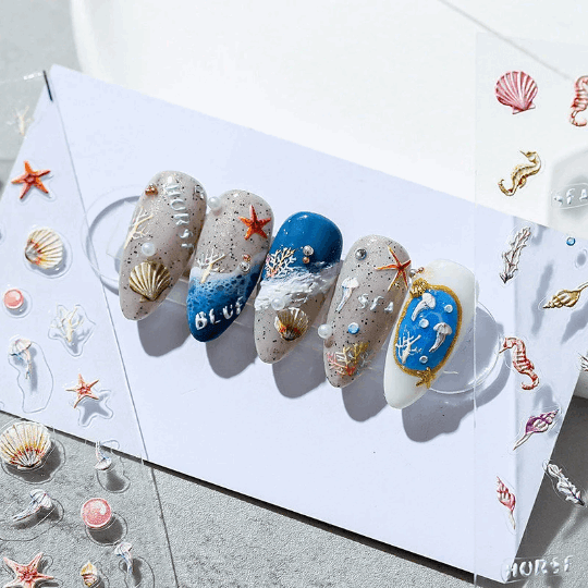 5D Sea World Nail Decal, Starfish Nail Decals, Pearl Nails Art Stickers (161) - TensorNailArt
