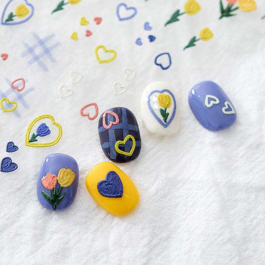 Tulip Nail Stickers, Checkered Nail Art, Heart Nail Decals (58) - TensorNailArt