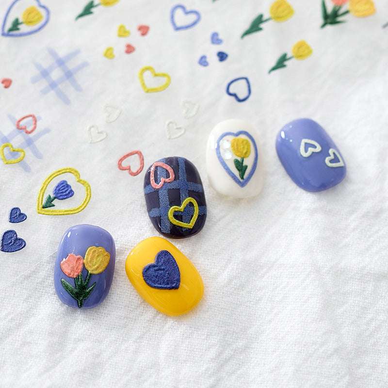 Tulip Nail Stickers, Checkered Nail Art, Heart Nail Decals (58) - TensorNailArt
