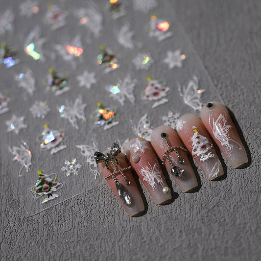 White Butterfly And Christmas Nail Art Sticker, Christmas Tree & Snowflake (452) - TensorNailArt