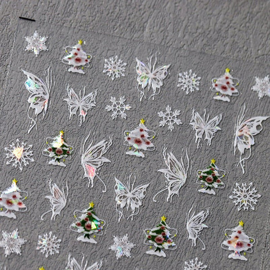 White Butterfly And Christmas Nail Art Sticker, Christmas Tree & Snowflake (452) - TensorNailArt