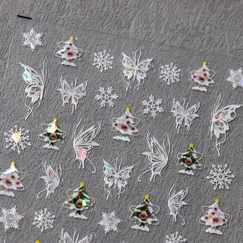 White Butterfly And Christmas Nail Art Sticker, Christmas Tree & Snowflake (452) - TensorNailArt