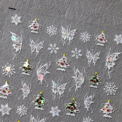 White Butterfly And Christmas Nail Art Sticker, Christmas Tree & Snowflake (452) - TensorNailArt