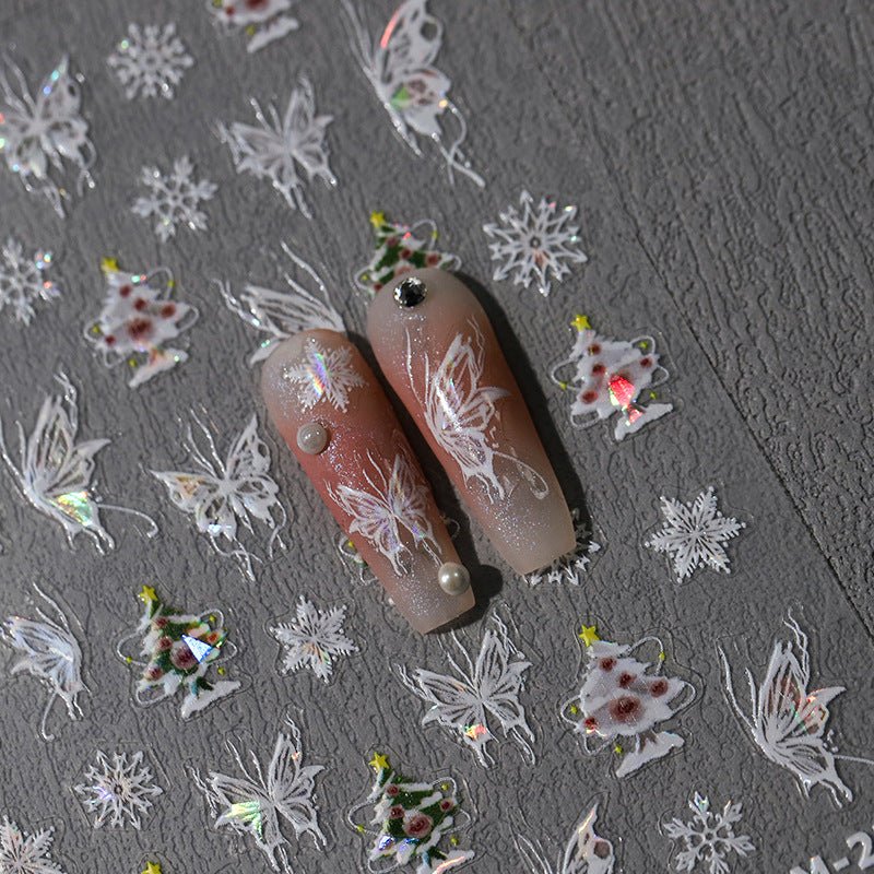 White Butterfly And Christmas Nail Art Sticker, Christmas Tree & Snowflake (452) - TensorNailArt
