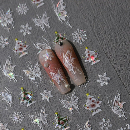 White Butterfly And Christmas Nail Art Sticker, Christmas Tree & Snowflake (452) - TensorNailArt
