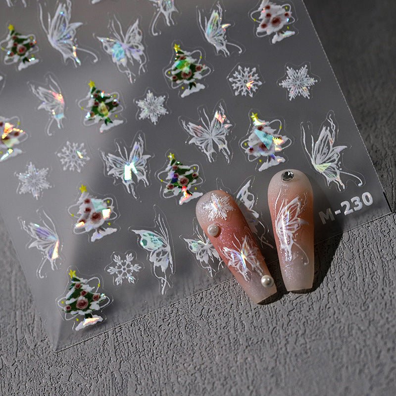 White Butterfly And Christmas Nail Art Sticker, Christmas Tree & Snowflake (452) - TensorNailArt