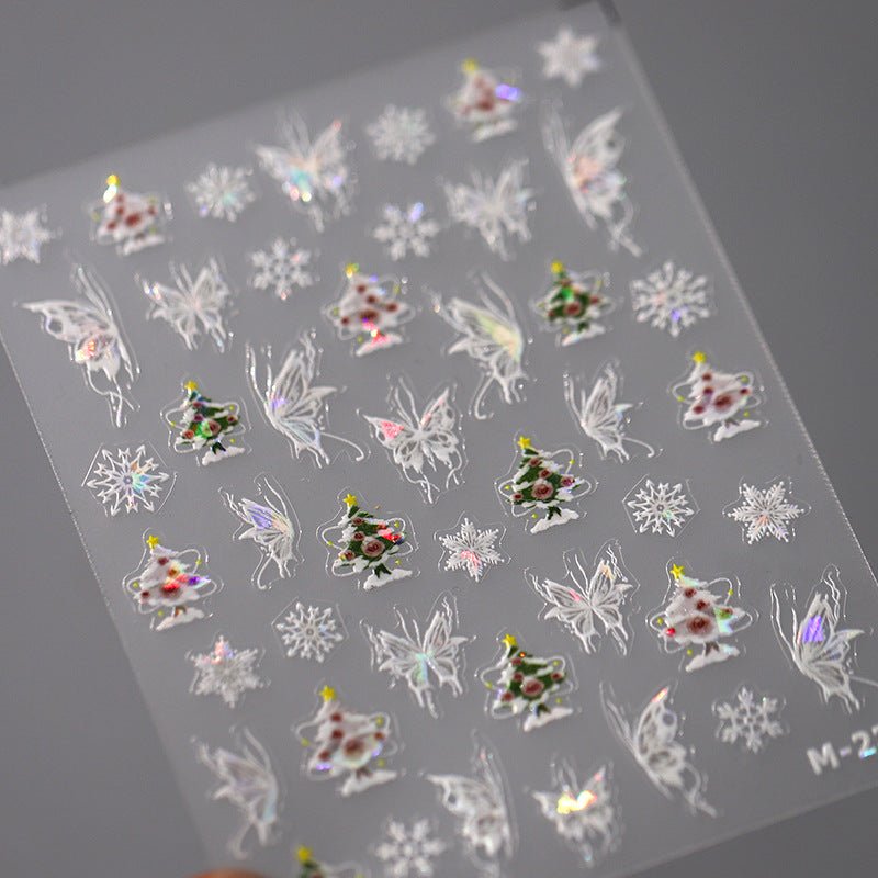 White Butterfly And Christmas Nail Art Sticker, Christmas Tree & Snowflake (452) - TensorNailArt