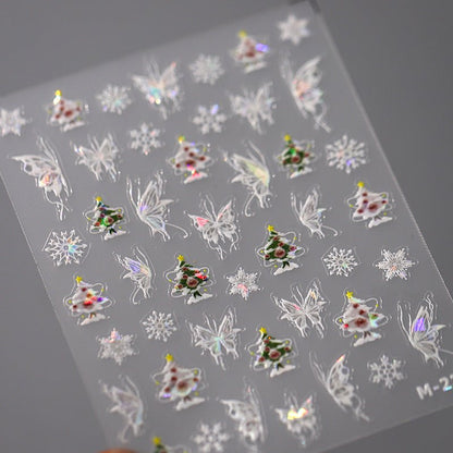 White Butterfly And Christmas Nail Art Sticker, Christmas Tree & Snowflake (452) - TensorNailArt