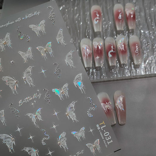 White Butterfly With Pearl Nail Art Stickers, White Snake Nail Art Decals (462) - TensorNailArt