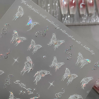 White Butterfly With Pearl Nail Art Stickers, White Snake Nail Art Decals (462) - TensorNailArt