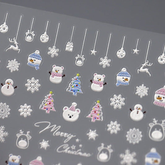 White Christmas Nail Art Stickers, Snowman, Christmas Tree, Snowflake Nail Sticker (385) - TensorNailArt