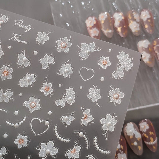 White Petal Nail Art Stickers, Blossom with Pearl Nail Art Decal (460) - TensorNailArt