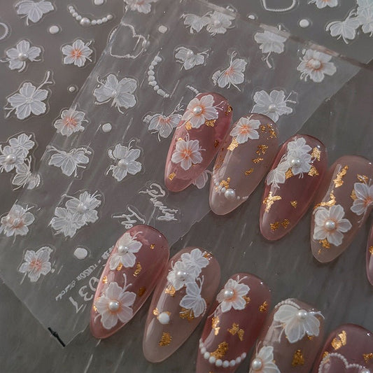 White Petal Nail Art Stickers, Blossom with Pearl Nail Art Decal (460) - TensorNailArt