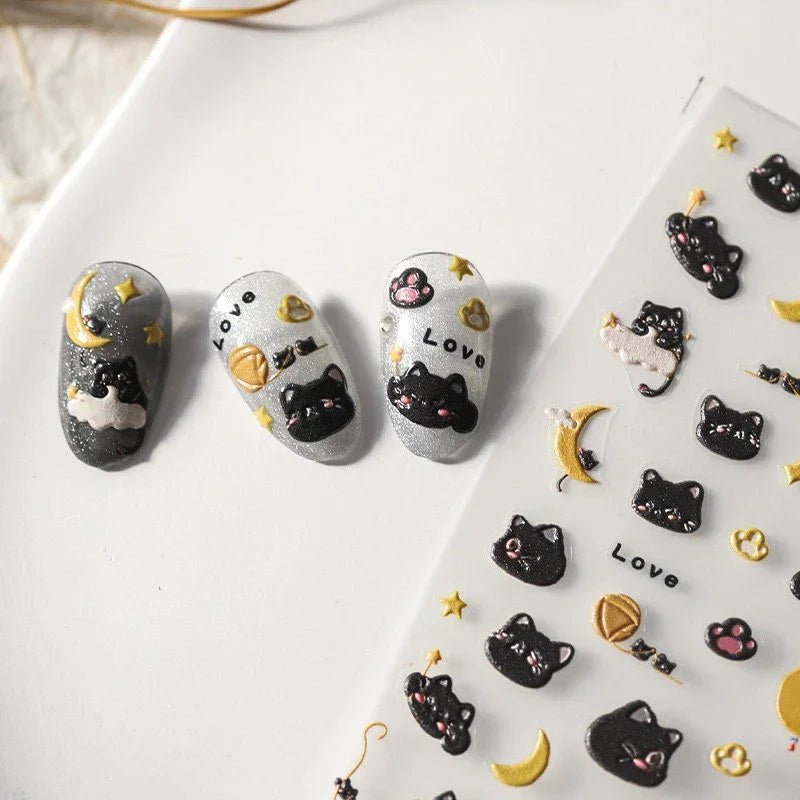 5D Black Cat and Moon Nail Decals
