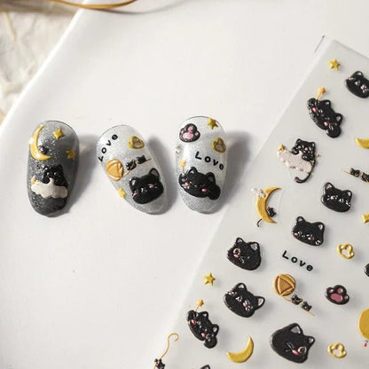 5D Black Cat and Moon Nail Decals