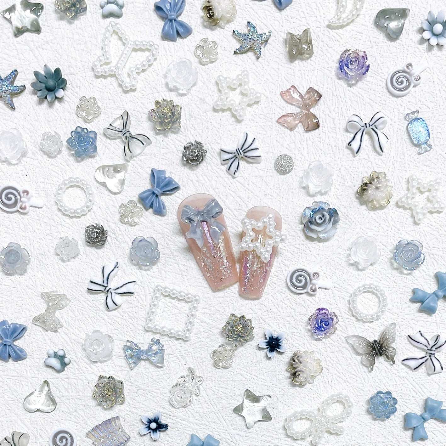 3D Grey Resin Mixed Shape Nails Charms, Bowknot Butterfly Pearl Moon nail charms - TensorNailArt