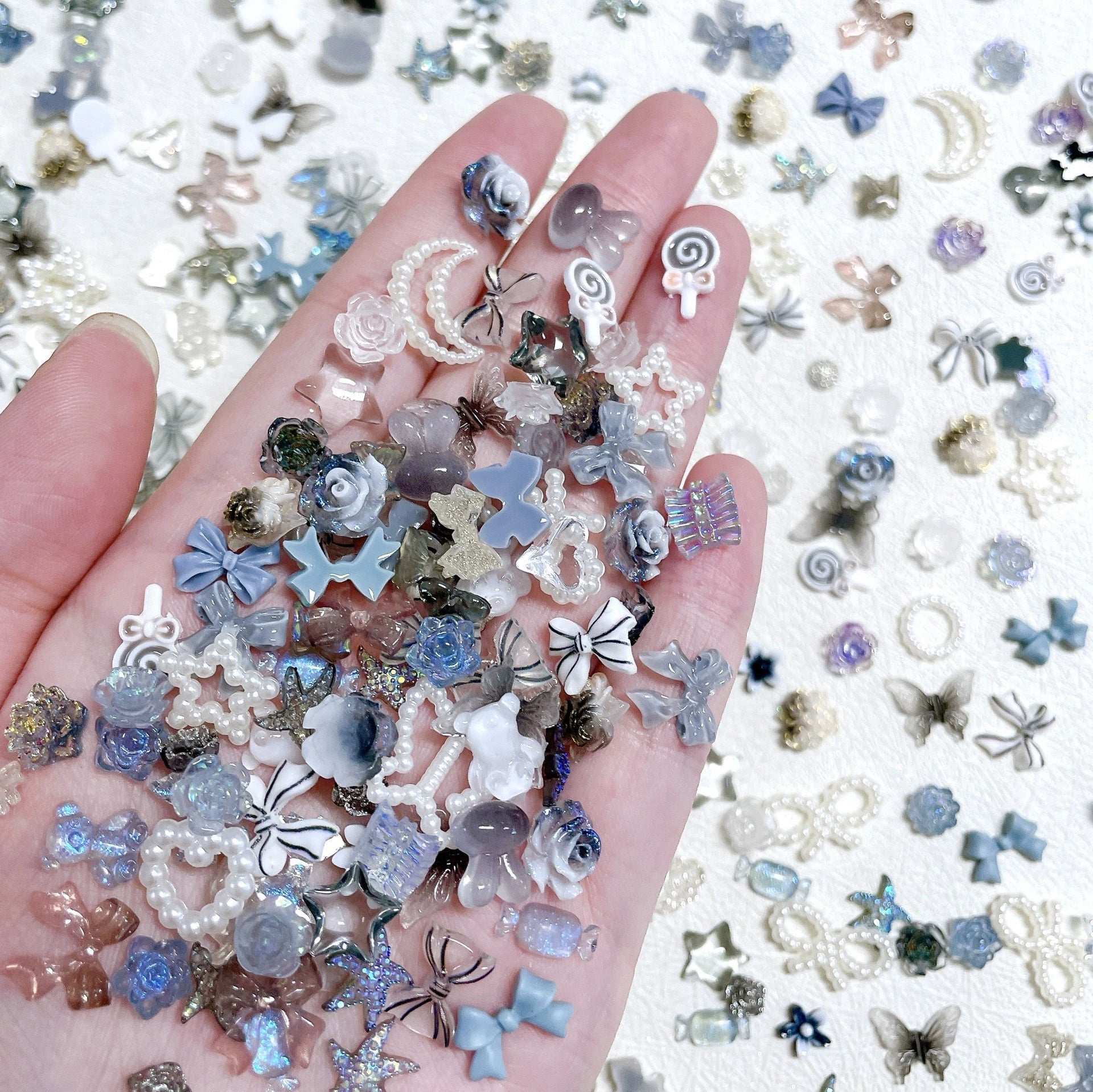 3D Grey Resin Mixed Shape Nails Charms, Bowknot Butterfly Pearl Moon nail charms - TensorNailArt