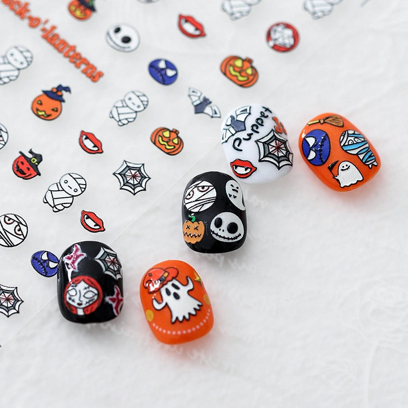 Jack-o-lantern and skull nail stickers for spooky Halloween manicure